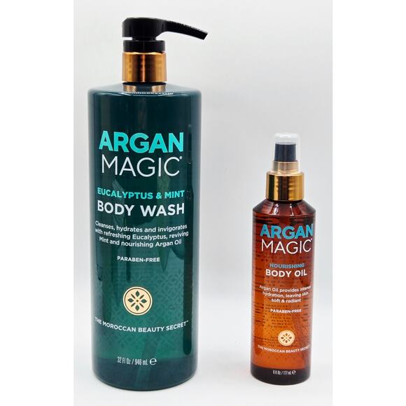 ARGAN MAGIC 2Pk Invigorating Eucalyptus & Mint 32oz + Nourishing Body Oil 6 oz. - Picture 1 of 4